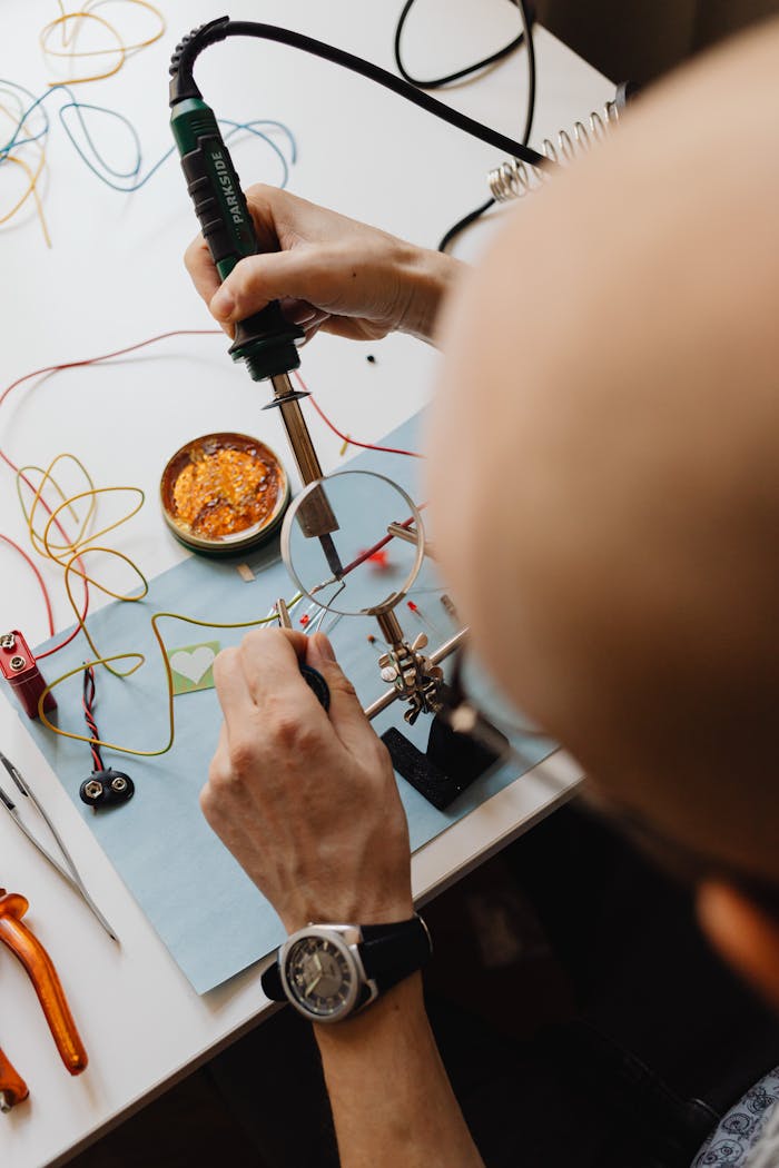 About Close-up of a technician repairing a circuit board with a soldering iron and magnifying glass.